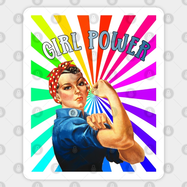 Girl Power Rainbow Vintage Retro Pinup Girl Sticker by AdrianaHolmesArt